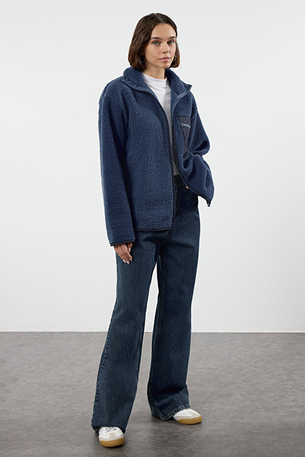 Winter Essentials Indigo Kalın Polar Fermuarlı Dik Yaka Cepli Örme Sweatshirt TWOAW24SW00071 - 2