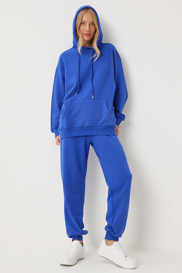 Kadın Mavi Kapüşonlu Sweatshirt Jogger Oversize Örme Eşofman Takımı PYS0027 - 2