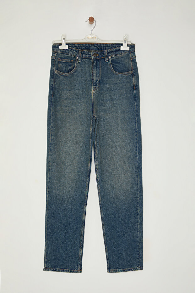 Lacivert Eskitme Efectli Baggy/90's Straight Fit Jeans Bol Kot Pantolon TMNSS24JE00012 - 6
