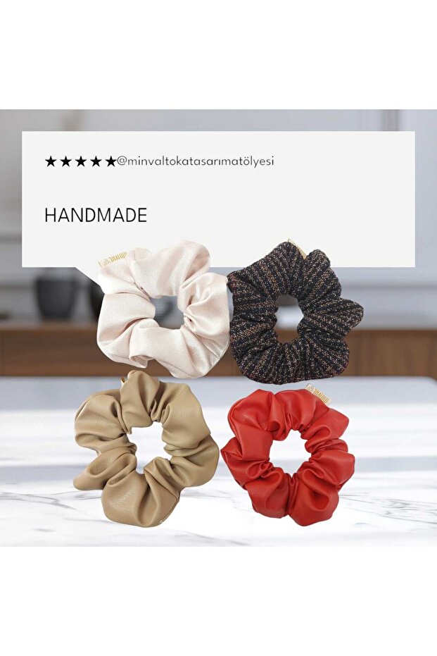 Standard Size Scrunchie 4-Piece Bagel Buckle Made of Faux Leather, Chanel, and Satin Fabric