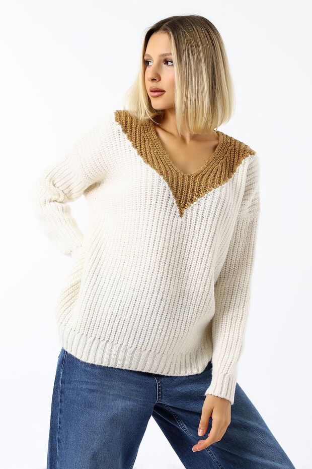 Kadın V Yaka Salaş Oversize Triko Kazak - 4