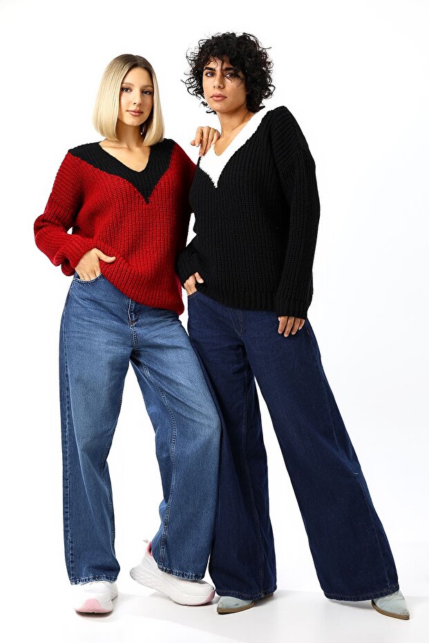 Kadın V Yaka Salaş Oversize Triko Kazak - 3