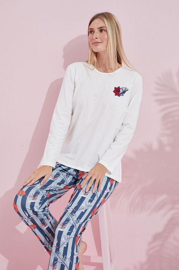 ekru çokrenkli Pamuklu Örme Pijama Takım 24240181 - 1