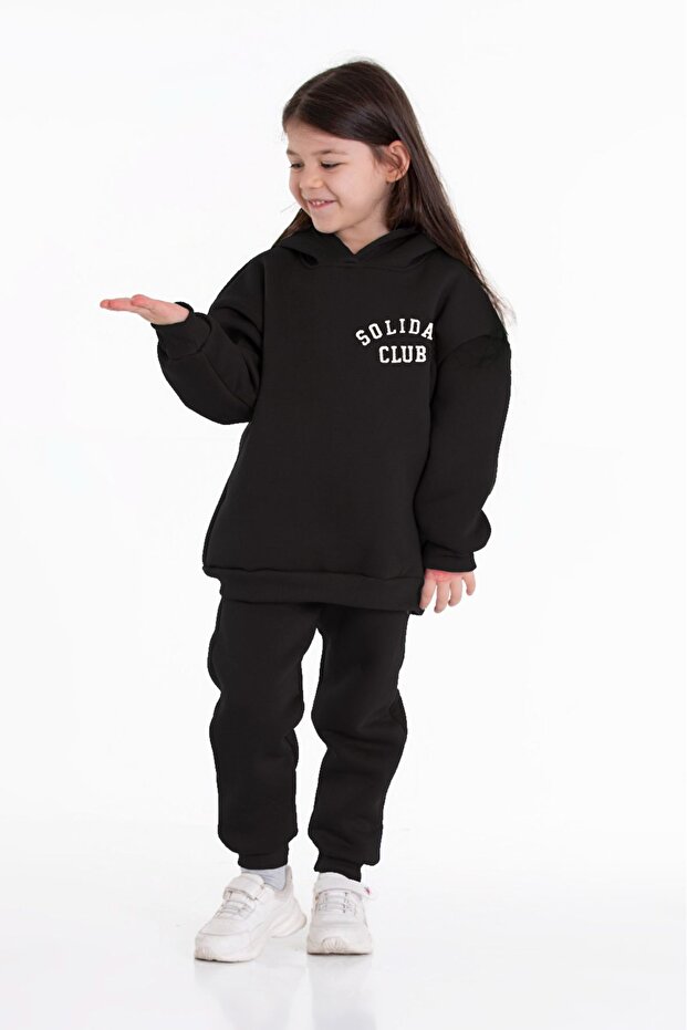 Thick Hooded Fleece Inside Soft Soliday Embroidered Oversized Tracksuit Set for Girls and Boys