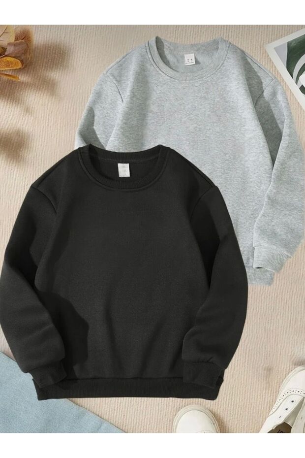 Grey and Black 2-Piece Plain Crew Neck Sweatshirt