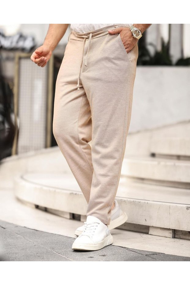 Straight Leg 100% Cotton Pique Fabric Trousers with Lace-Up Waist Back Pocket