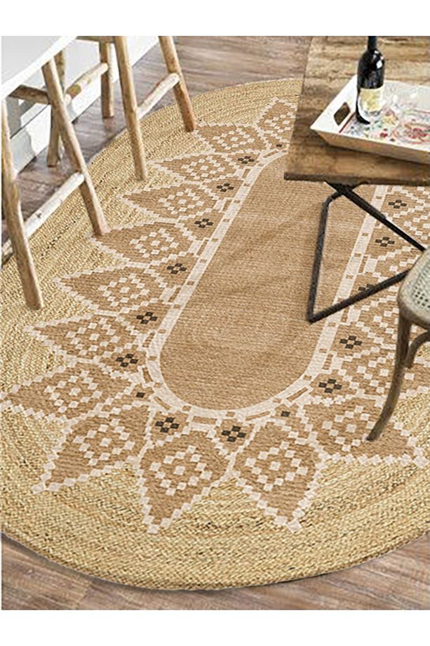Boho 980 Jüt Hasır Etnik Desenli Oval Jüt Örme Doğal Hasır Natural Oval Halı - 5