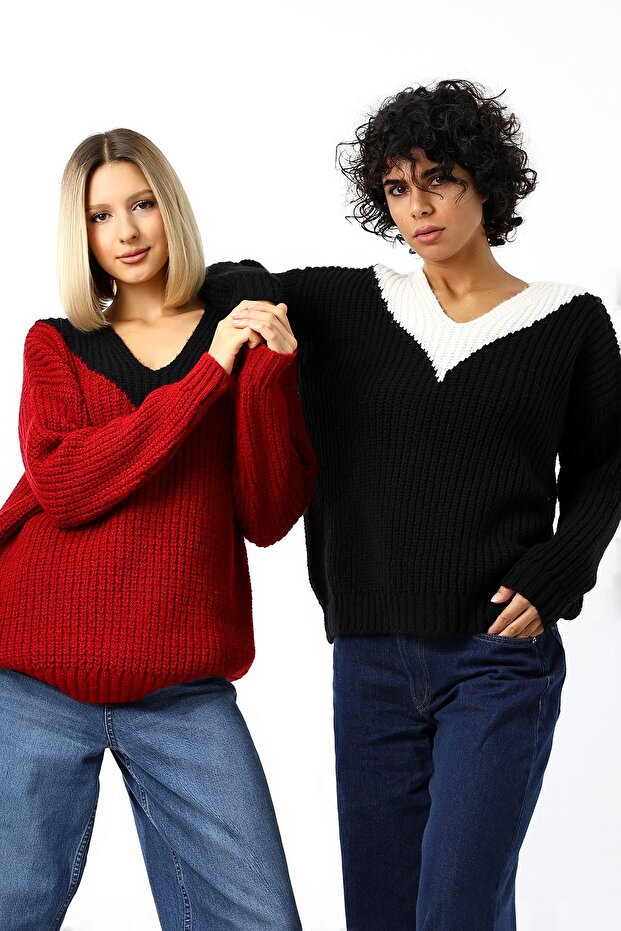 Kadın V Yaka Salaş Oversize Triko Kazak - 8