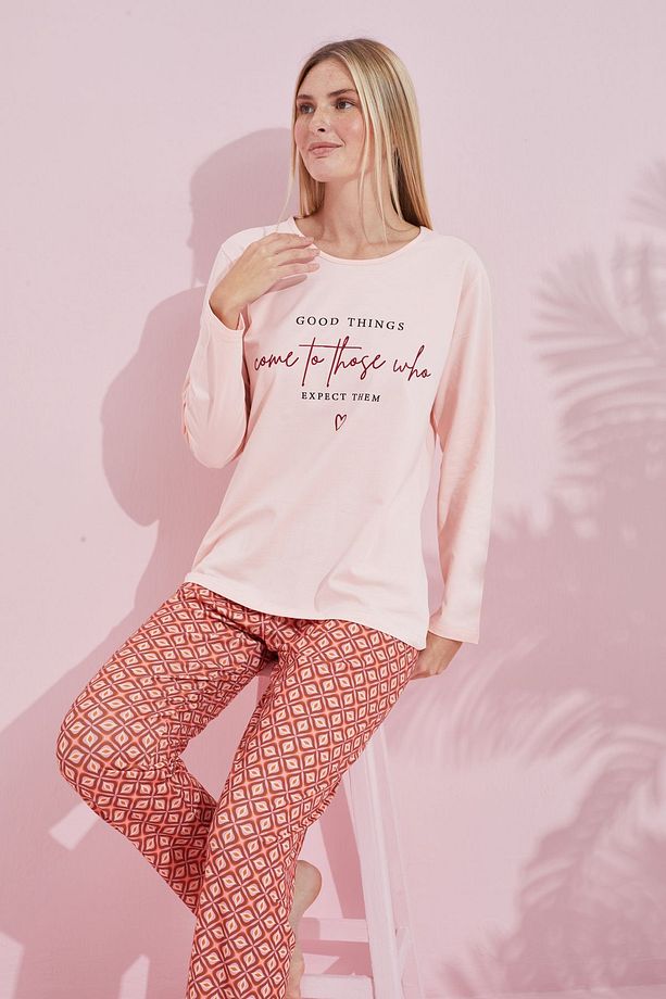 somon çokrenkli Pamuklu Örme Pijama Takım 24240182 - 1