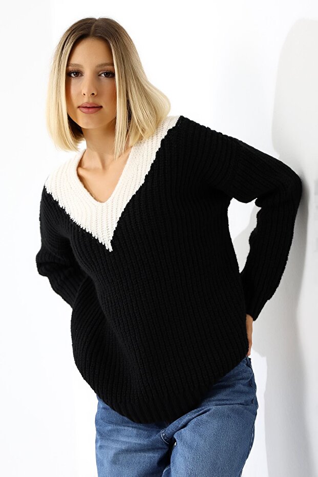 Kadın V Yaka Salaş Oversize Triko Kazak - 6