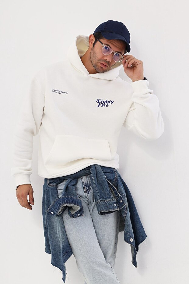Unisex Oversize Sweatshirt Hoodie Eighty Five Printed White – Hooded, Kangaroo Pocket, 3 Strands