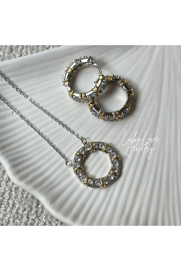 Xoxo Tifanny X Model Zircon Stone Steel Necklace Earring Set