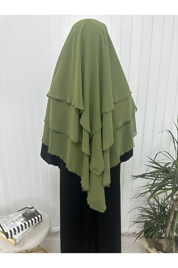 üç katlı multı sifon Sufle Eşarp ,Khimar Hazır Eşarp Bağcıklı Eşarp Peçeli yeşil renk - 4