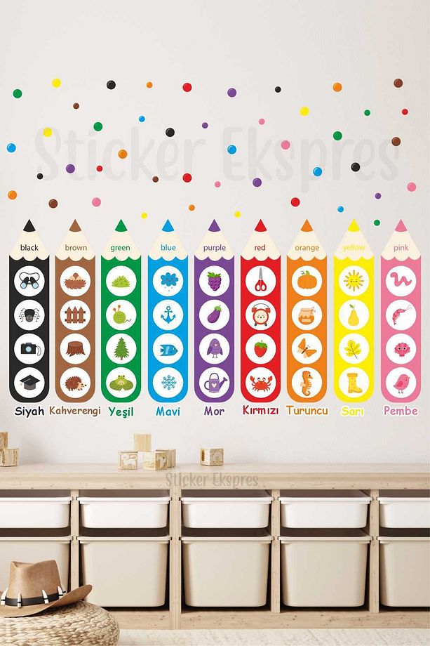 Renkleri Öğreniyorum Anaokulu Kreş Okul Çocuk Odası Duvar Kapı Cam Sticker Seti - 1