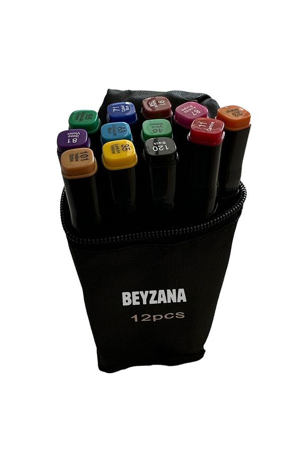 12 Adet Çift Taraflı Touch Marker Kalem Seti Çantalı - 1