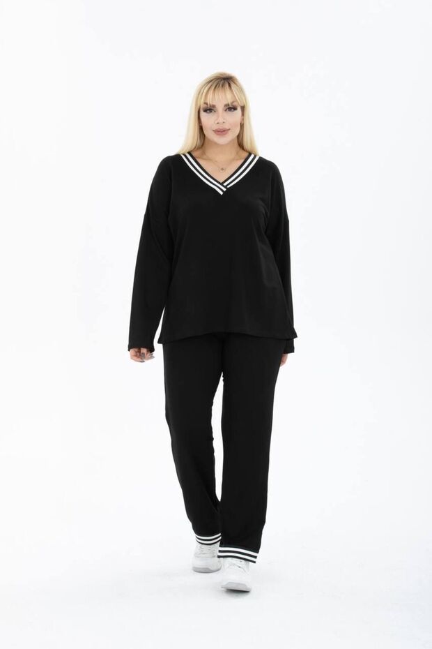 Women's Plus Size Two Yarn Fabric V-Neck Striped Suit