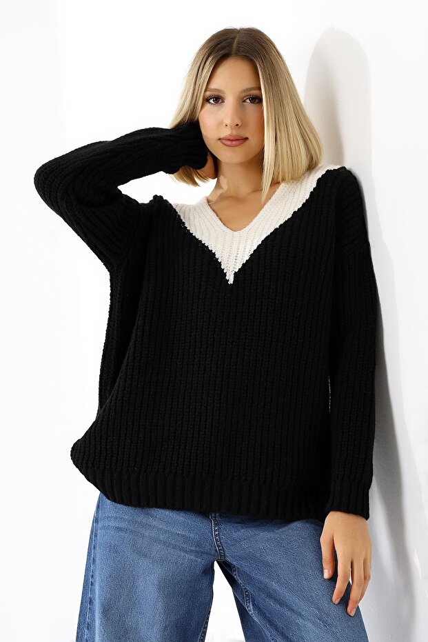 Kadın V Yaka Salaş Oversize Triko Kazak - 5