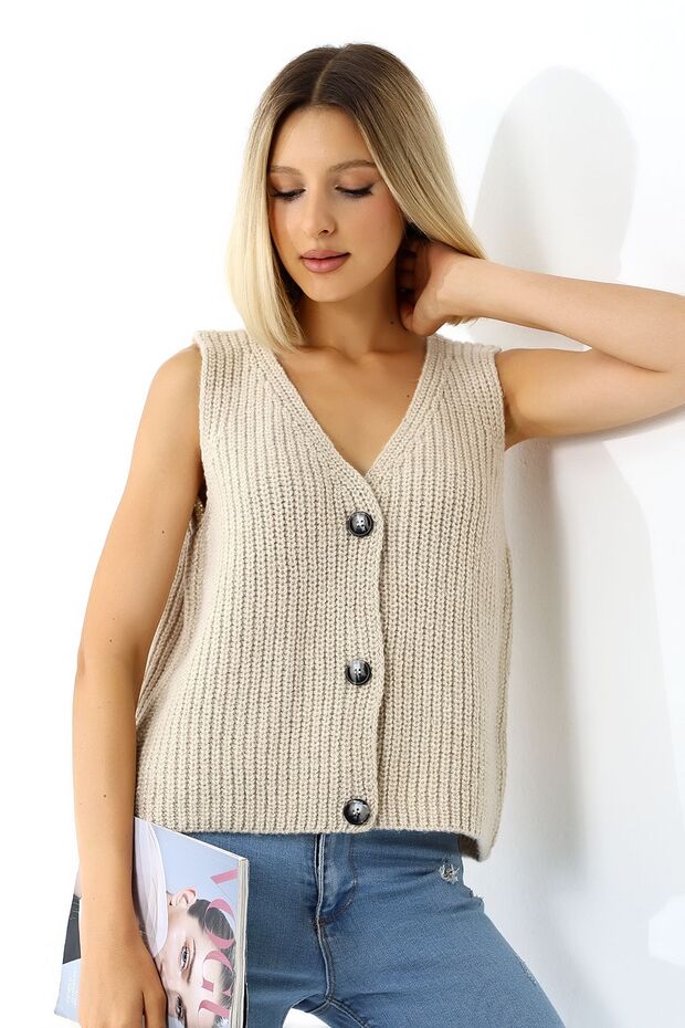 Kadın 3 Düğmeli Triko Yelek Bej - 5