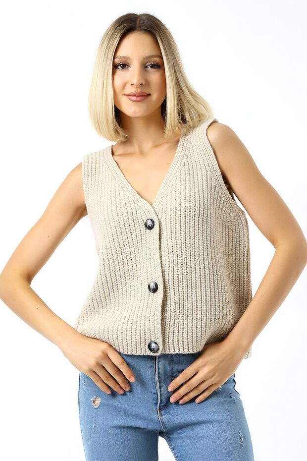 Kadın 3 Düğmeli Triko Yelek Bej - 2