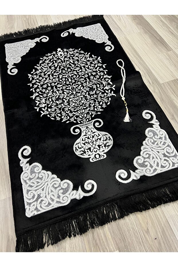 Velvet Glitter Woven Dowry Gift Prayer Rug Set with Prayer Beads