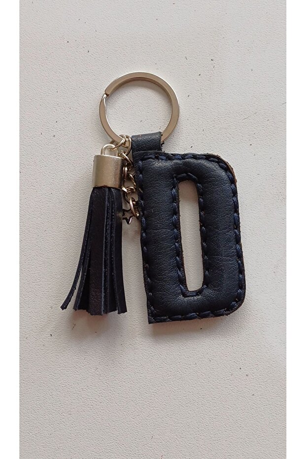 Navy Blue Real Leather Hand Stitched Letter "D" Keychain