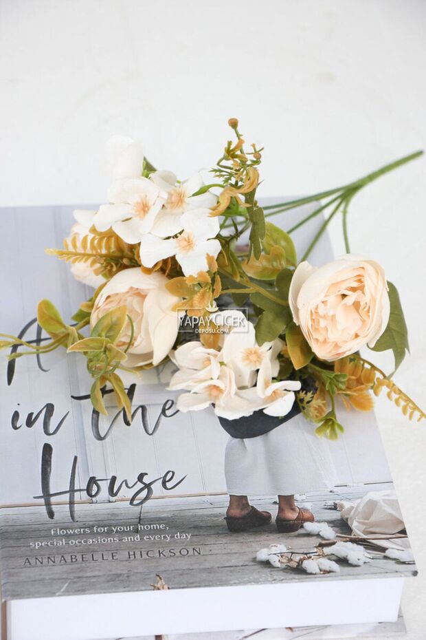 Peony-Hydrangea Bouquet Cream with Artificial Mini Garnish