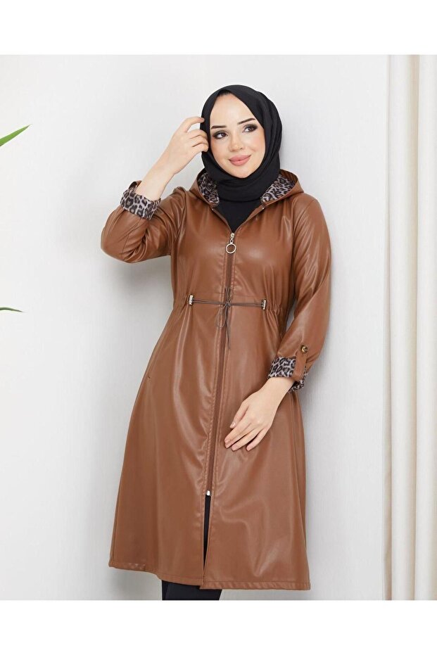 Women's Leather Hooded Trench Coat