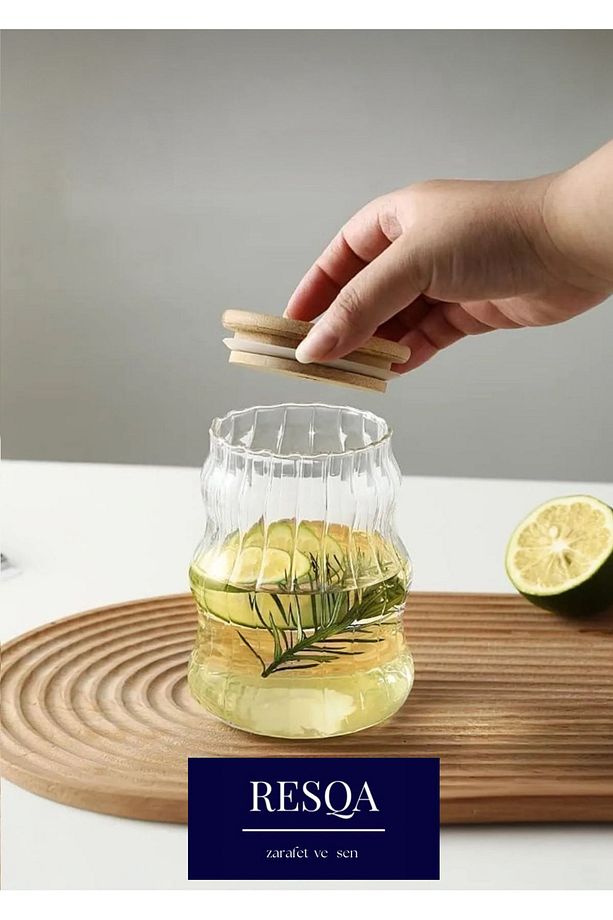 Bambu Kapaklı Cam Pipetli Cam Bardak 350 ml Smoothie Kokteyl Kahve Çay Limonata Soğuk Kahve Bardağı - 3