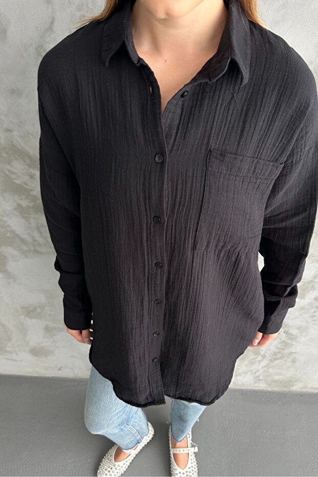 Kadın Siyah Oversize Basic Pamuk Gömlek - 2