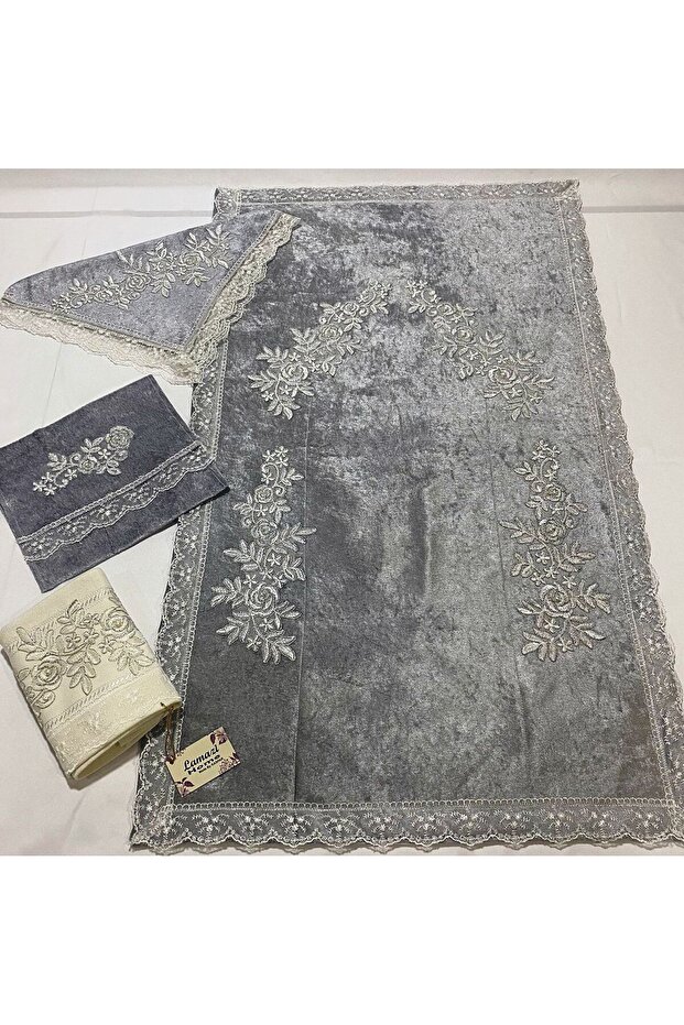 Gray 4 Piece Dowry Velvet Prayer Rug Set Prayer Rug Set