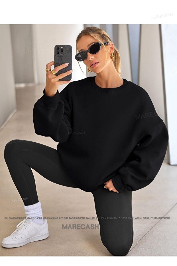 Siyah Oversize Pamuklu Bisiklet Yaka Basic Sweatshirt - 3