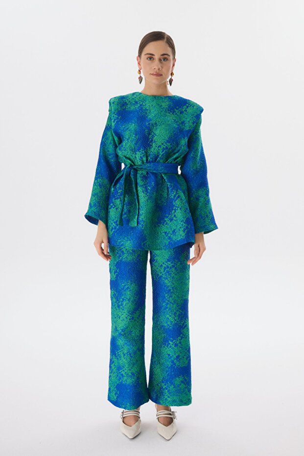Jacquard Trousers Set - Belt Detailed