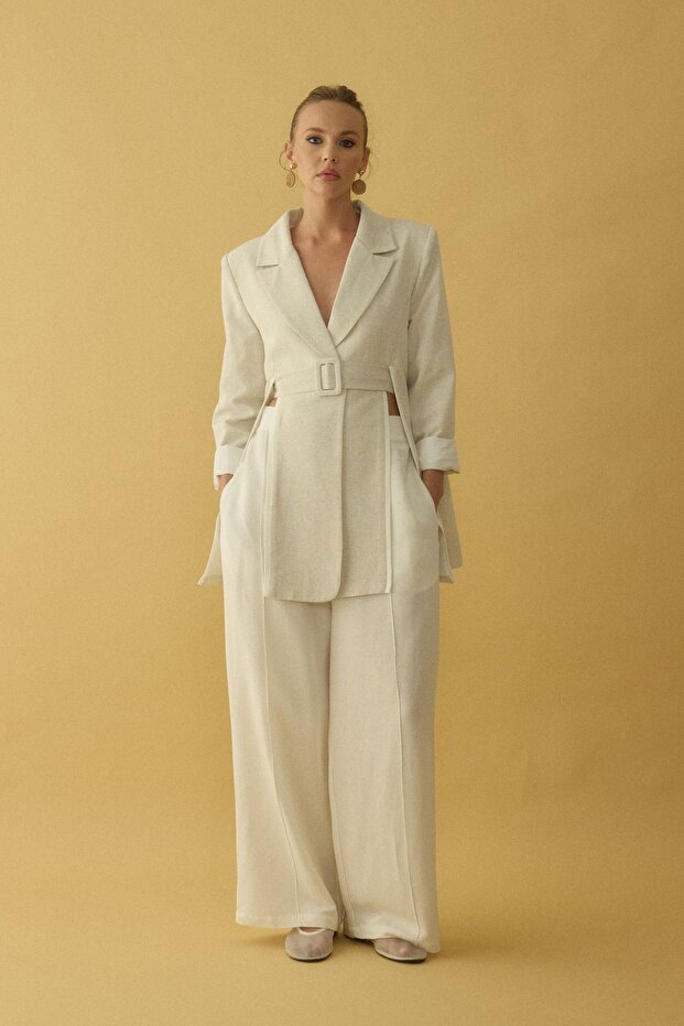 Linen Blazer Trousers Set - Belted