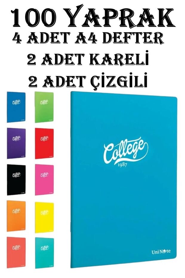 College Defter A4 Okul Defteri 100 Yaprak 4 ADET 2 KARELİ 2 ÇİZGİLİ Pp Kapak Defter Seti - 1