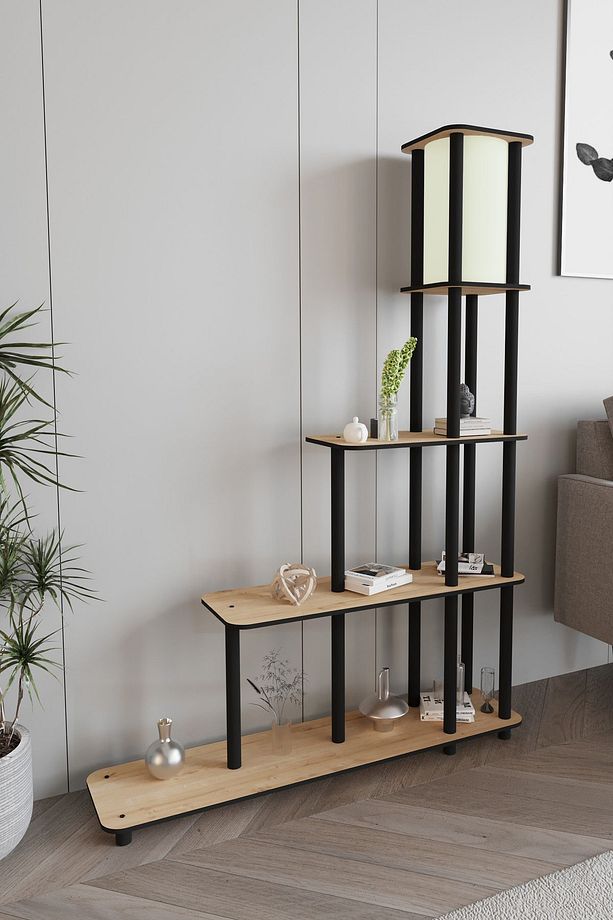 Escaleras Raflı Kitaplık Lambader Meşe - 1