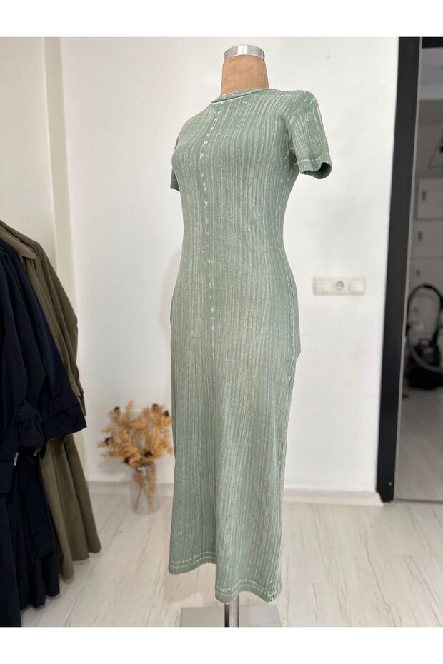 Taşlanmış Uzun Stretch Elbise - 7