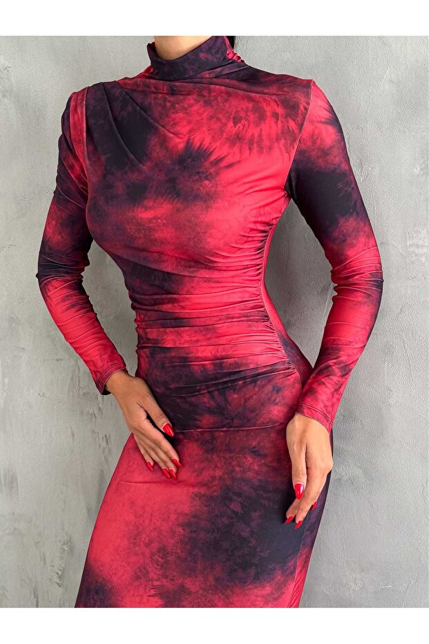 Sandy Turtleneck Digital Printed Long Dress - Gather Detailed, Long Sleeve