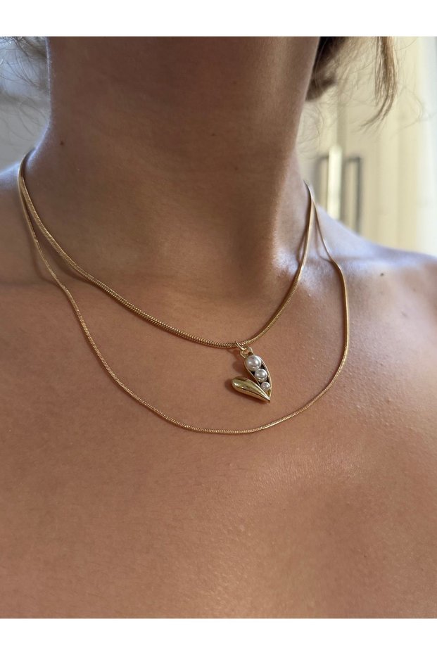 Pearl Detailed Heart Gold Color 2-Piece Necklace