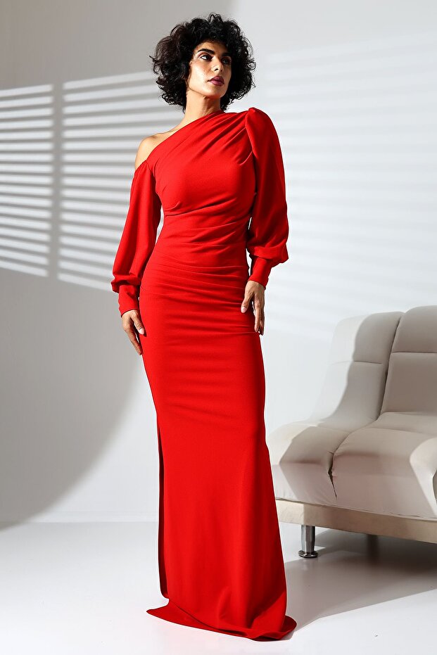 Red Long Evening Dress with One Shoulder Slit Detail