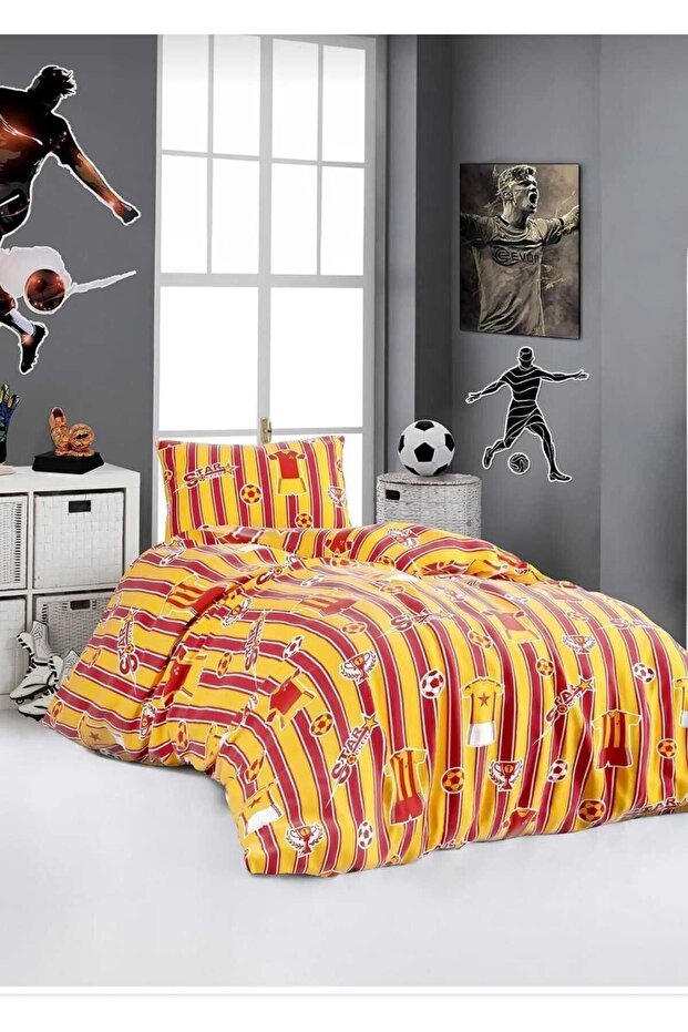 طقم غطاء لحاف مطاطي فردي باللون الأصفر والأحمر مقاس 120 × 200 + 35 سم - 2 كيس وسادة