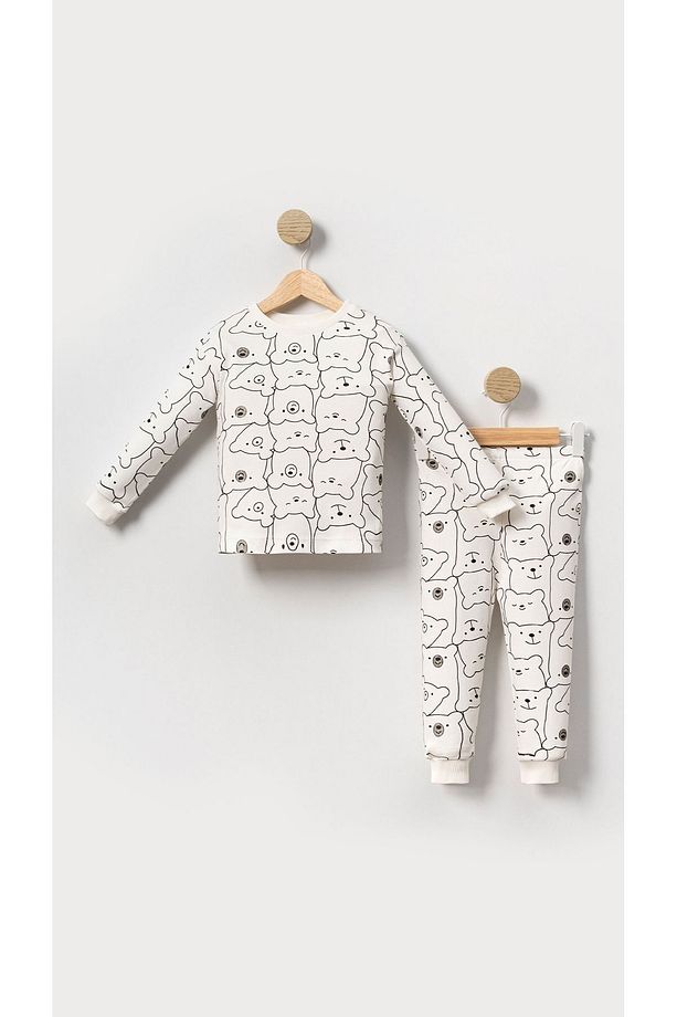 Ekru Ayı Baskılı Mevsimlik Pamuklu Kumaş Karikatürlü Unisex Çocuk Pijama Takımı - 3