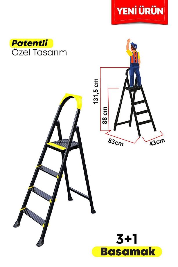Leo Siyah Merdiven 3+1 Metal Basamaklı - 4