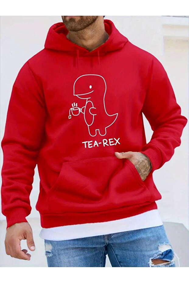 سويت شيرت شتوي بغطاء للرأس كبير الحجم مطبوع للجنسين من Tea-Rex - 3 خيوط 100% قطن