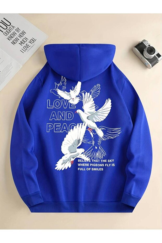 Unisex Love and Peace Printed Oversize Winter 3 Thread 100% Cotton Hooded Sweatshirt Hoodie