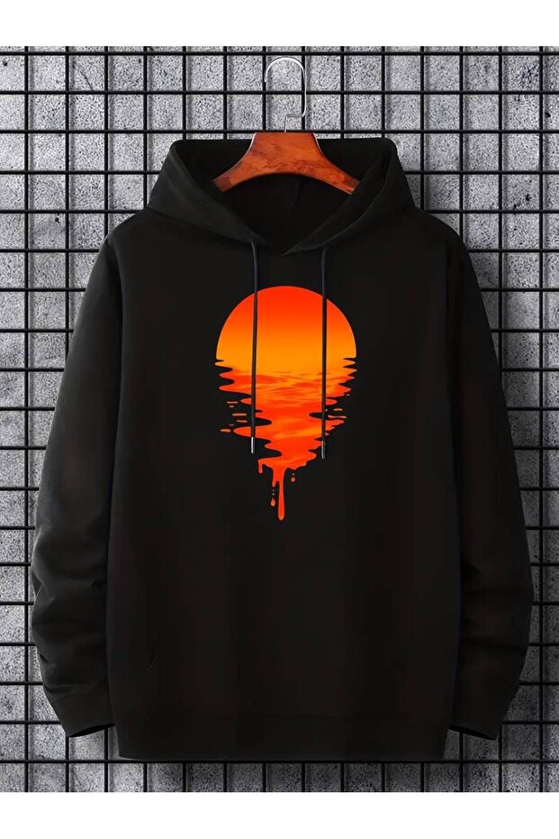 Unisex Sunset Printed Oversize Winter 3 Thread 100% Cotton Hooded Sweatshirt Hoodie
