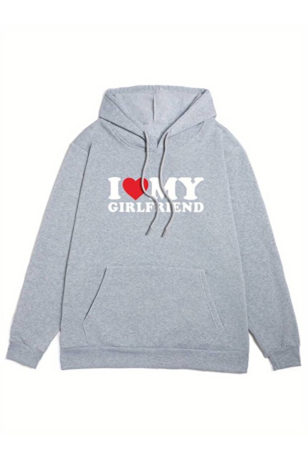 Unisex I Love My Girlfriend Printed Oversize Winter 3 Thread 100% Cotton Hooded Sweatshirt Hoodie