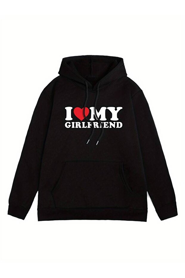 Unisex I Love My Girlfriend Printed Oversize Winter 3 Thread 100% Cotton Hooded Sweatshirt Hoodie