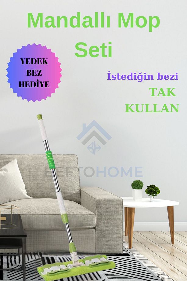Yeşil Mikrofiber Mandallı Mop Yer Mopu Fayans Duvar Yüzey Temizlik (1 adet Yedek Bez Hediyeli) - 1