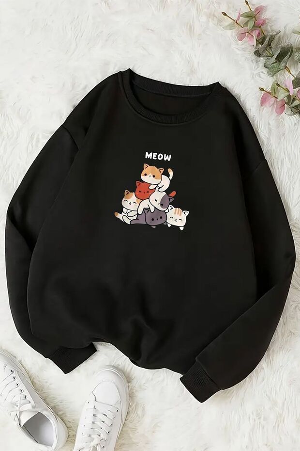 سويت شيرت كبير الحجم مطبوع عليه قطط حلوة من Meow