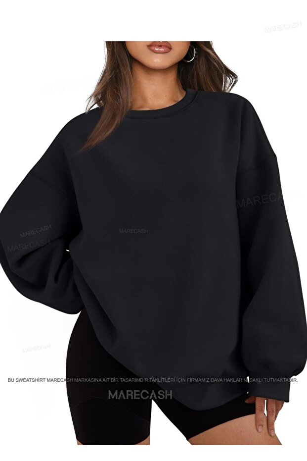 Siyah Oversize Pamuklu Bisiklet Yaka Basic Sweatshirt - 5